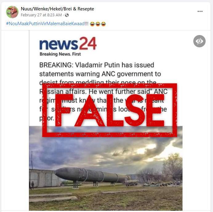 Fabricated news alert falsely claims Russian president told South Africa’s ANC to keep out of its affairs