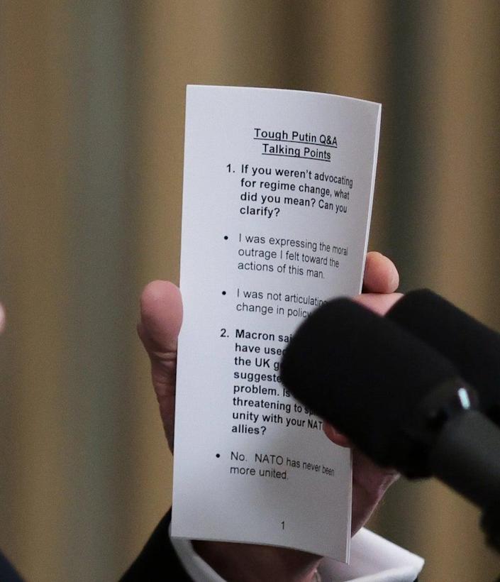 Photograph captures Biden’s ‘cheat sheet’ notes as he tries to avoid another Putin gaffe