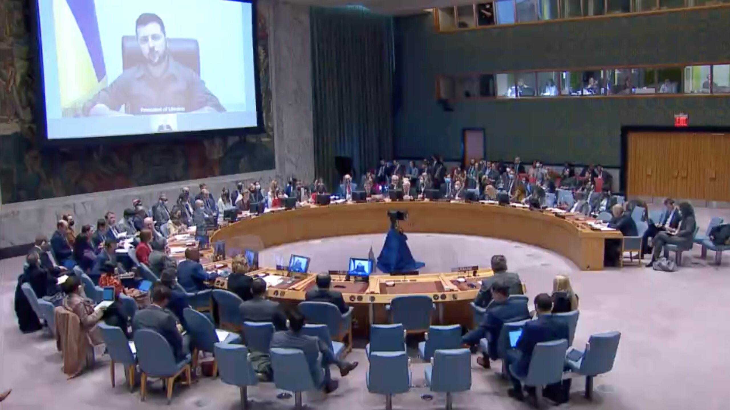 Ukraine’s President delivers a graphic description of Russian atrocities in a hard-hitting speech to the UN Security Council