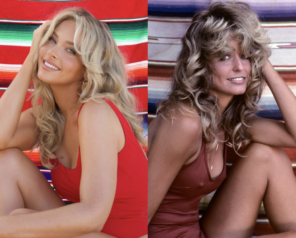 Camille Kostek recreates iconic Farrah Fawcett swimsuit photos