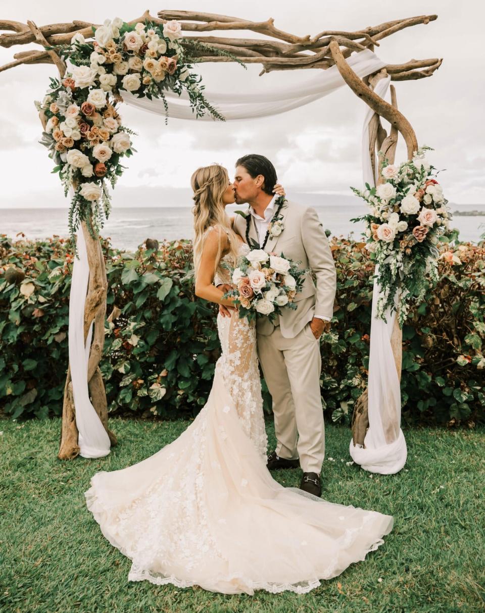 Christina Hall Floats in Floral Form-Fitting Gown and Soft Glam for Intimate Maui Wedding