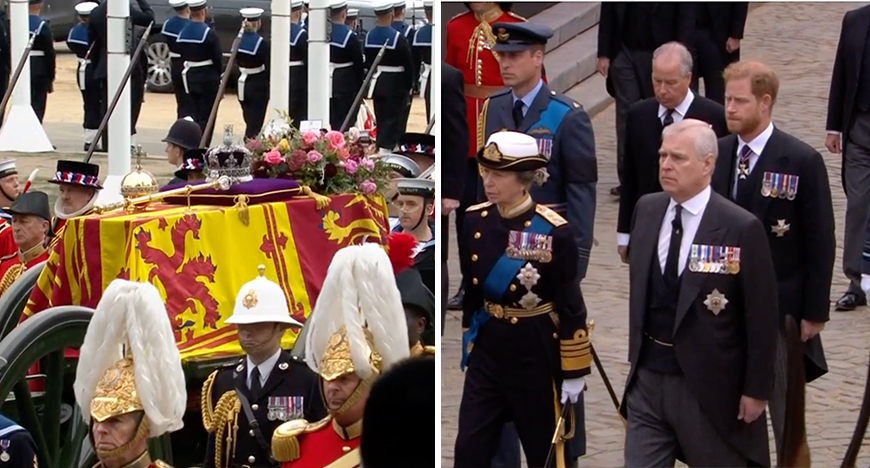 Harry and William pictured solemnly walking behind Queen’s coffin in echo of Diana’s funeral