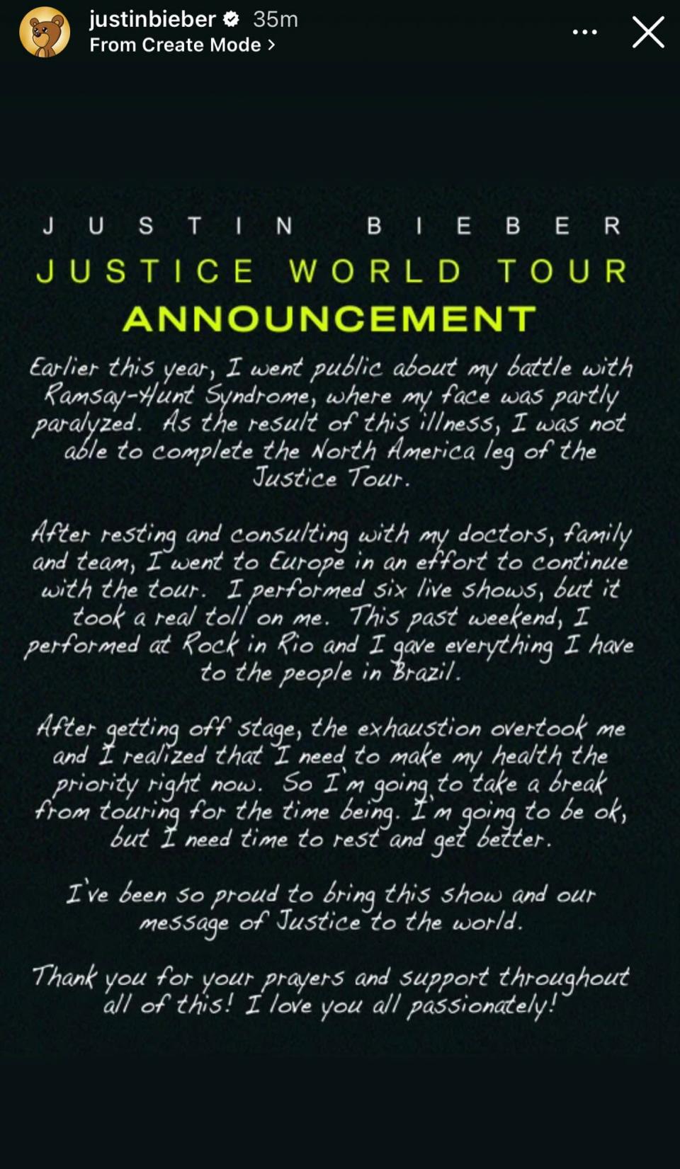 Justin Bieber Cancels Remaining Tour Dates to Make His Health the ‘Priority Right Now’