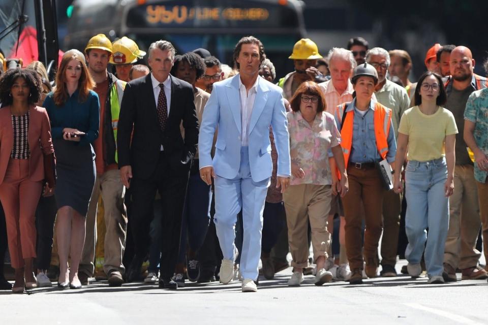 Matthew McConaughey Leads Crowd of People Through Los Angeles While Filming Salesforce Commercial