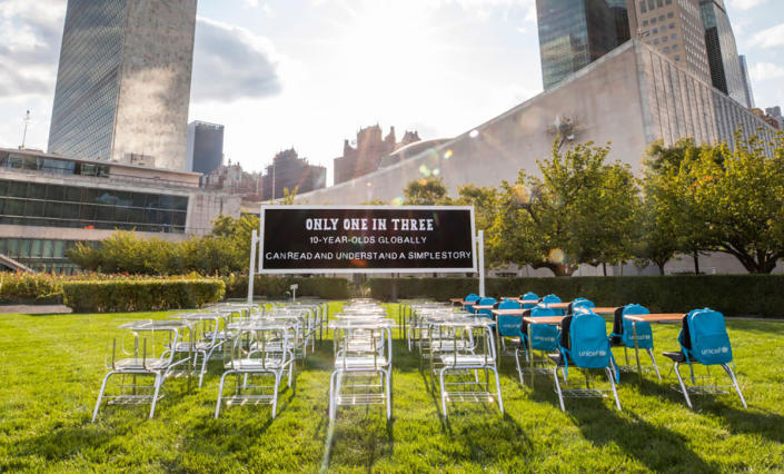 Outside UN Building, UNICEF’s ‘Learning Crisis Classroom’ Sounds School Warning