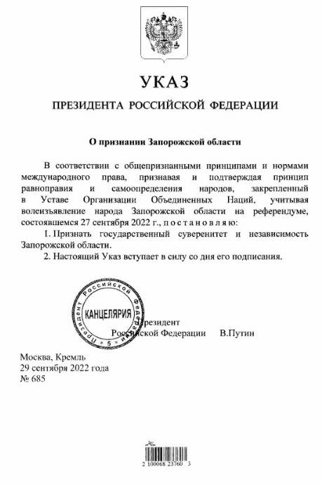 Putin signs decrees recognising “independence” of Zaporizhzhia and Kherson oblasts