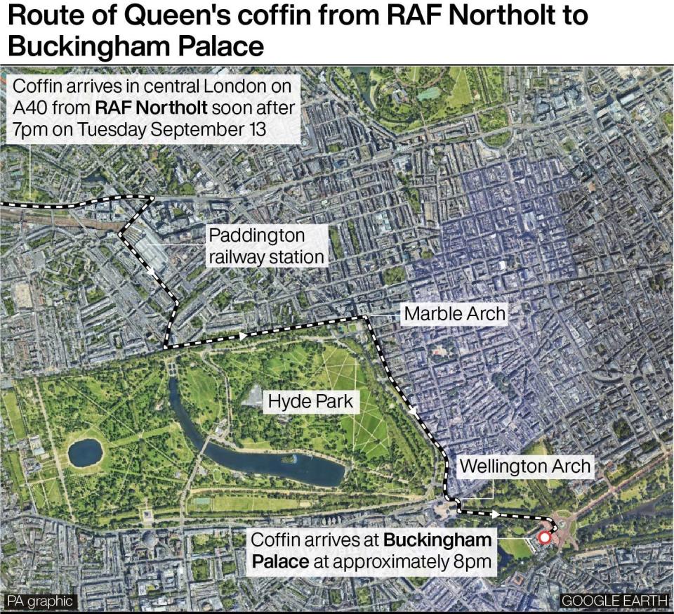 Queen’s coffin procession: Route map and timings as hearse arrives in London