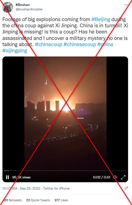 Video shows explosion in Tianjin in 2015, not during ‘coup in Beijing’ in 2022