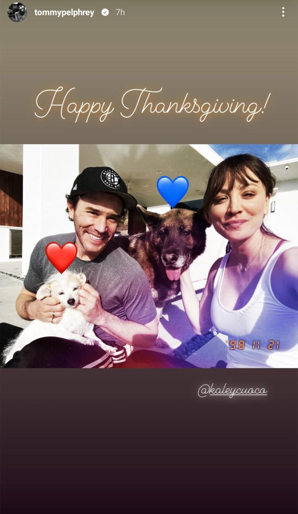 Pregnant Kaley Cuoco Poses with Boyfriend Tom Pelphrey and Their Dogs on Thanksgiving