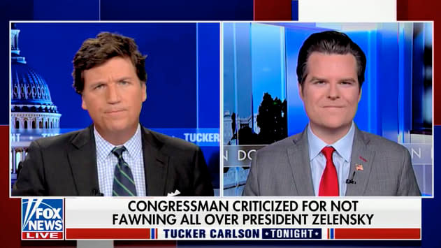 Matt Gaetz Tells Tucker Carlson It’s ‘North Korea-Style’ to Stand for Zelensky